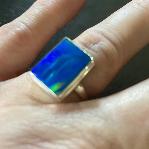 Aurora Opal RectangleSterling Silver Ring 7.5 - Picture 2 of 4